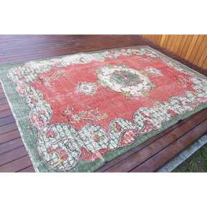 พรมตุรกีขนาด 6x8.6 ฟุต สีแดงเขียวลายจุด ทำจากขนสัตว์ วินเทจ - Product Image 2