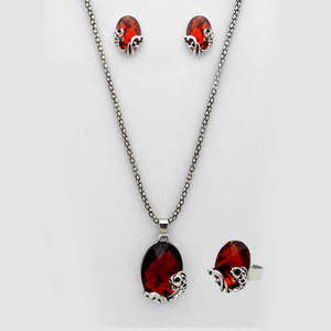 Kriaa Fine Jewelry <b>Set</b> Maroon Stone <b>Silver</b> Plated Pendant with Ring Gold Plated Earrings for Gifts-1109704B - Product Image 1