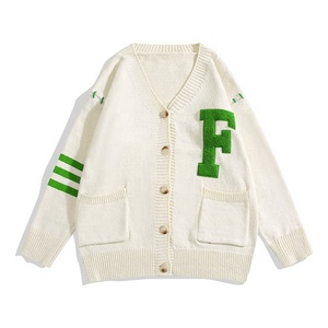 Custom <b>Men's</b> Green <b>V</b>-<b>Neck</b> Cardigan <b>Sweater</b> with White Letter F Wool/Cashmere Blend Thick Single Button Winter Wear - Product Image 4