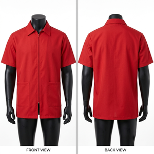 เสื้อแจ็คเก็ตช่างตัดผมสีแดง พรีเมียม 220 GSM ผ้าโพลีคอตตอน แขนสั้น ซิปหน้า ปักโลโก้ตามสั่ง - Product Image 1
