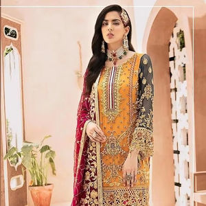 Faux Georgette Shalwar Kameez con pesado trabajo hecho a mano perla bordada Dupatta y Santoon conjunto de tendencia interior - Product Image 1