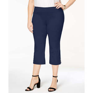 Pantaloni Capri da Donna Taglie Forti JM Collection Blu 1X, Gamba Larga, Decorazione con Bottoni, Stampa in Cotone, Stile Frontale, Vita Piatta, Logo - Product Image 1