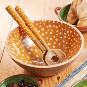 ชามขนมไม้มะม่วงภายในเคลือบลายจุดสีเหลืองสดใสและมีด้ามจับสีสันสดใสชุดช้อนเสิร์ฟพร้อมส่ง - Product Image 1