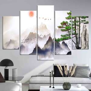 ภาพพิมพ์บนผ้าใบลายวิวภูเขา: ของตกแต่งผนังสไตล์มินิมอลแบบญี่ปุ่น ชุดผ้าใบ 5 ชิ้น - Product Image 1