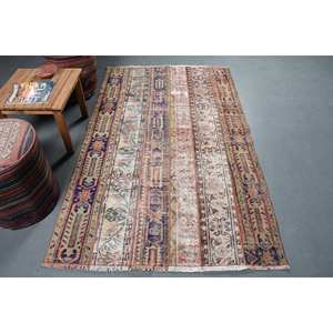 พรมลายทางสีน้ำเงินเบจคลาสสิก ทำจากขนสัตว์ เป็นมิตรกับสิ่งแวดล้อม แบบดั้งเดิม สำหรับวัยรุ่น ขนาด 4.1 x 6.6 ฟุต รูปทรงสี่เหลี่ยมผืนผ้า แบบปะติดปะต่อ เหมาะสำหรับห้องรับประทานอาหาร ทำจากยางลาเท็กซ์ สำหรับฤดูร้อน - Product Image 1