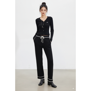 Overol de Punto Acanalado de Pierna Ancha con Cordón Ajustable, Ribete en Contraste, Estilo Minimalista, Cintura Alta, Ecológico para Mujer - Product Image 1