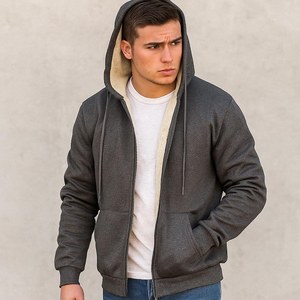 <b>Men's</b> 100% Cotton Knitted <b>Sherpa</b> <b>Lined</b> Fleece Solid <b>Hoodie</b> with Pocket Warm Winter Pullover Digital Printing OEM Service - Product Image 1