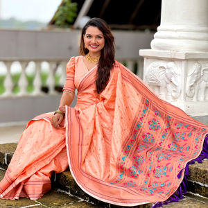 Sari de seda original de Maharashtrian Paithani con rico tejido Meenakari Pallu Rose Gold Zari Border ropa india y pakistaní - Product Image 5