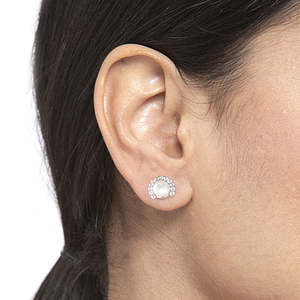 NOVAMART Fine 925 Sterling Silver Real Pearl Stud Riko <b>Earrings</b> Rhodium Plated for Swiss Zirconia Screw <b>Back</b> Design Gift Women G - Product Image 5