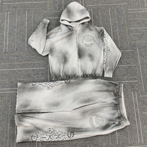 OEM Custom Men's Acid Wash Streetwear Tracksuit Heavyweight Zip-Up Hoodie Sweatpants Set Distressed <b>Applique</b> <b>Patch</b> Printed - Product Image 1