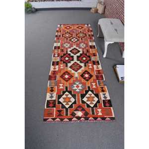 Turkish Rug, <b>Runner</b> 3.2x9.4 ft Vintage Rug, <b>Red</b> Black Solid Wool Rug - Product Image 1