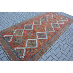 Alfombra Étnica Turca Vintage de 9x12 con Respaldo de Látex de Lana para Área Grande, Diseño de Retales Naranja y Beige, Estilo Rectangular para Pasillo - Product Image 2