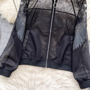 Veste de Baseball Vintage Printemps Broderie Maille pour Femmes Lâche Noir Manches Longues Zipper Manteau Workwear Tops Perspective - Product Image 4