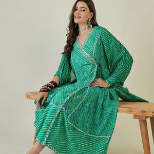 women ethnic Bandhani Embroidered Angrakha Pure Cotton Kurta with <b>Trousers</b> & With Dupatta <b>indian</b> pakistan salwar kameez - Product Image 1