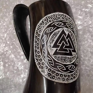 Taza decorativa Medieval hecha a mano, jarra de cuerno de búfalo Natural con asa, taza de cuerno vikingo para beber cerveza de hidromiel, producto elaborado - Product Image 3