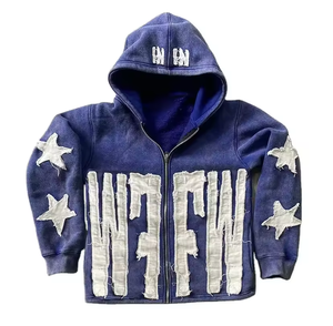 Sweat à capuche zippé pour hommes 450gsm unisexe poids lourd en détresse broderie découpée logo personnalisé lavage à l'acide impression araignée - Product Image 1