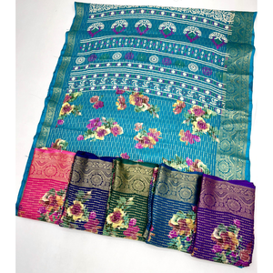 สารีไหมโดลาบริสุทธิ์พิมพ์ลายดอกไม้ในเฉดสีพาสเทล dola Silk สารีสีม่วงพร้อมการตกแต่ง zari หนัก - Product Image 1