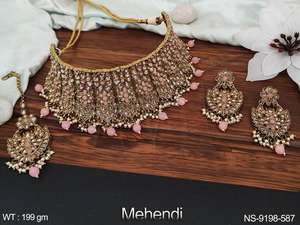 Fancy Style Antique Brass Jewelry Mehendi Polish Design Party Wear Designer Wear Antique Heavy <b>Choker</b> Necklace Set Jewelry Sets - Product Image 4