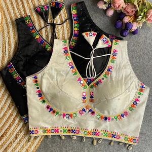 Blusa sin mangas de seda pesada con cuello en V Estampado floral Hermoso trabajo de espejo multihilo Trabajo Real Kodi Latkan Hecho a la moda - Product Image 6