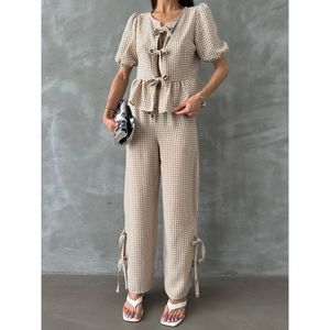 TOPSHOW Stone Plaid <b>Linen</b> Cotton Polyester Blend Wholesale Pants for Women - Comfortable and Stylish Regular Fit Trousers - Product Image 4