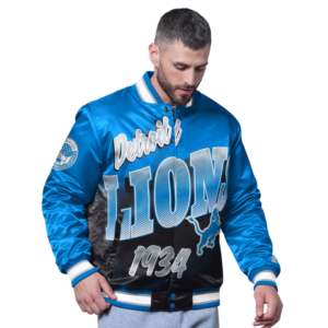 Veste universitaire personnalisée pour homme, style Letterman, Starter, bleu, Detroit Lions, Pass Rush, entièrement boutonnée, veste de baseball universitaire - Product Image 1