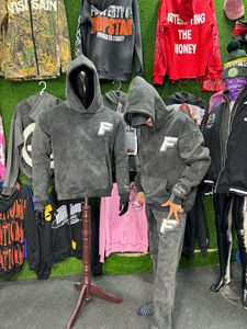 Ensemble de survêtement personnalisé pour hommes, poids lourd, vintage, délavé à l'acide, grande taille, sweat-shirt uni, pantalon de survêtement à capuche brodé de strass - Product Image 6