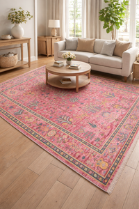 พรมปูพื้นลายเรขาคณิตสีชมพูสดใส ทำมือจากขนสัตว์/ไหม เป็นมิตรกับสิ่งแวดล้อม ด้านหลังทำจากปอกระเจา ดีไซน์สไตล์ตุรกี เหมาะสำหรับปิกนิก - Product Image 3