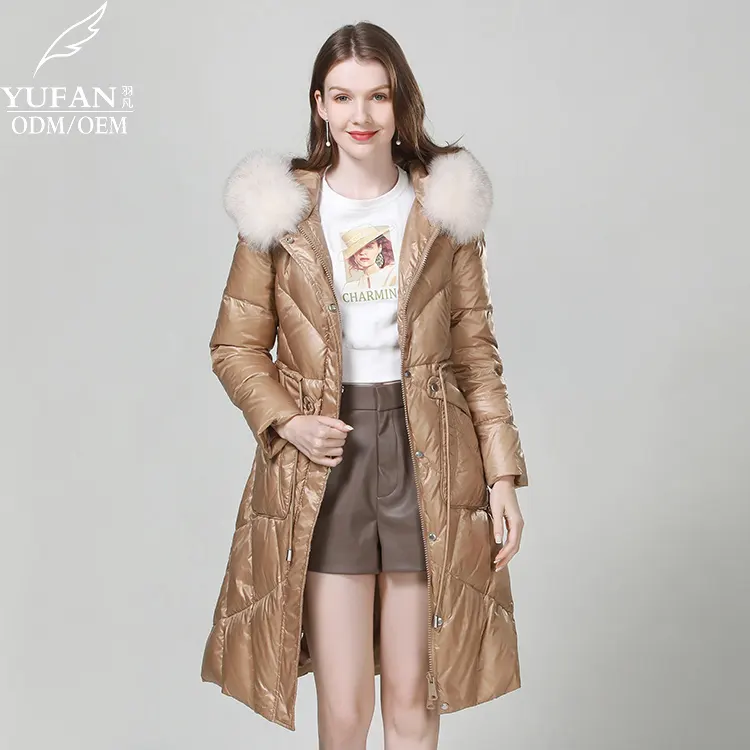 YuFan Custom 2023 OEM ODM Long Fur Collar Hooded Down Jacket Winter Waterproof Leather Down Jacket Coat Extravagant Down Coat