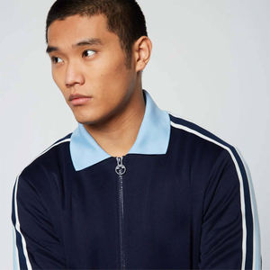 Ensemble de survêtement d'hiver bleu marine pour hommes avec rayures unies, veste zippée intégrale et pantalon de jogging, logo personnalisé, vêtements de sport - Product Image 4