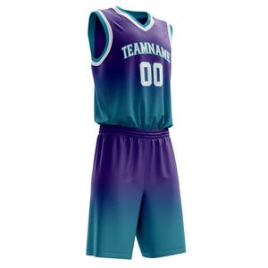 Ensemble d'uniformes d'équipe de basket-ball sur mesure OEM Teal et Purple Gradient Design 100% Polyester Sublimation Sportswear pour hommes - Product Image 2