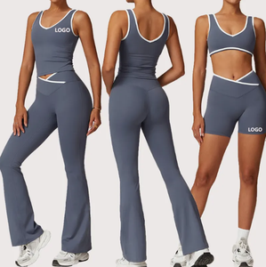 Impression de logo personnalisé solide 2 pièces réversible sans couture femmes Yoga entraînement Gym Fitness pantalon coupe ajustée - Product Image 2