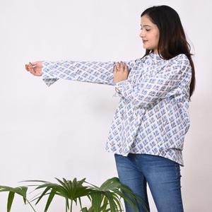 Camisa de algodón de manga larga para mujer Diseño de estampado de bloques, ropa de oficina suave y cómoda o Top estampado informal - Product Image 3