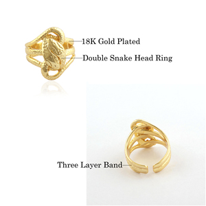 Anillo de joyería de animales, anillo de cabeza de nudo de serpiente doble de metal liso de latón macizo, anillos ajustables de banda abierta trasera de tres capas chapados en oro - Product Image 5