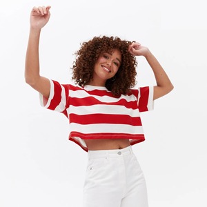 Women's Red White Crop <b>Top</b> Short Sleeve Crew Neck Casual T-Shirt Spring Summer Wear Canvas Embroidery Eco-Friendly - Product Image 5