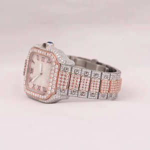 Montre unisexe en acier inoxydable à mouvement automatique avec cadran en verre de diamant moissanite personnalisé bicolore, tourbillon, diamant VVS, style hip-hop - Product Image 2