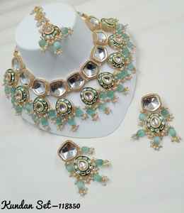 FANCY ANTIQUE TRADITIONAL MOTIPEARL & MINAKARI <b>GOLD</b> TONE KUNDAN PEARL CHOKER NECKLACE EARRINGS <b>SET</b> WITH MANGTIKKA WOMEN and GIRL - Product Image 4