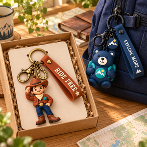 OEM ODM Custom 3D Soft PVC Cowboy Bear Figure Keychains with Wrist Strap for Corporate Promotional Gifts - Product Image 2
