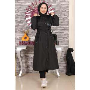 Trench-coat noir à capuche, long manteau d'extérieur 15900 - Product Image 3