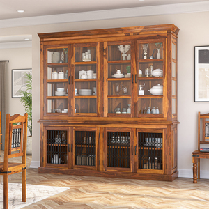 Aparador de Cocina Antiguo de Madera de Teca Maciza Ecológica con Puertas de Vidrio y Rejilla de Hierro, Estilo Rústico Hecho a Mano para Comedor, Java - Product Image 1