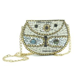 <b>White</b> Brass Stone Mosaic Inlay Handmade Elegant <b>Clutch</b> Purse Evening <b>Bag</b> Customizable Size Logo for Weddings Formal Events - Product Image 1