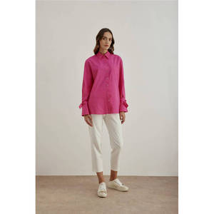 Blusa de Popelina con Ribete en Contraste Fucsia - Corte Holgado Estilo Retro para Primavera Verano - Product Image 2