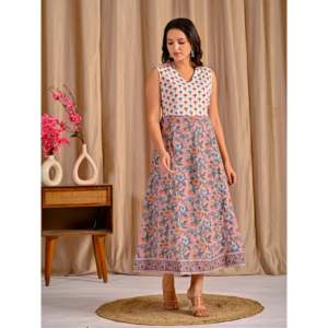 Vestido de algodón beige sin mangas con cintura natural, estampado, transpirable, informal, con cuello halter, talla única para uso diario en casa, ODM - Product Image 6