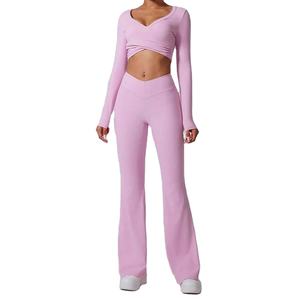 Conjuntos de 2 piezas para mujer, traje de Yoga para mujer, chándales, gimnasio, entrenamiento para correr, pantalón acampanado, camisa deportiva de manga larga, ropa de entrenamiento - Product Image 6