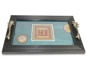 HandPainted Acrylic framed Blue Tray with Dhokra Brass Work Decorative Serving Platter for Breakfast table Decorative Kitchen - Product Image 4