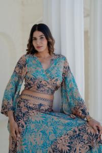 Celadon Abstract Print Twin Set Bubble Sleeve Crossover Top Midi <b>Skirt</b> <b>Boho</b> Tropical Holiday Matching Two Piece Washable Kit - Product Image 6