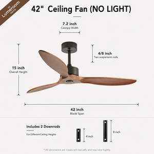 42 Inch 3 Blade Solid Wood Ceiling Fan Without <b>Light</b> <b>Remote</b> <b>Control</b> DC Motor for Bedroom Living Room Downrod Mount - Product Image 5