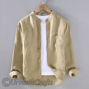 Chemise à manches longues en pur coton pour hommes automne col montant tenue décontracté mâle couleur unie boutonnée chemises habillées au prix de gros - Product Image 5
