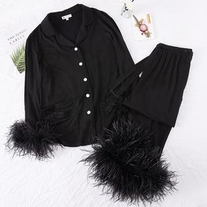 Personalizado Novo Design De Luxo Pijama Das Mulheres Penas De Avestruz Pijamas Casual Manga Longa Modal Loungewear Pijamas Set Mulheres - Product Image 1