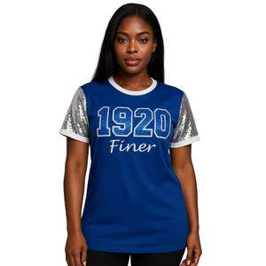 Zeta Phi Beta 1920, camiseta de manga de lentejuelas azul más fina, bordado blanco, hermandad griega HBCU, ropa de fiesta de graduación - Product Image 1