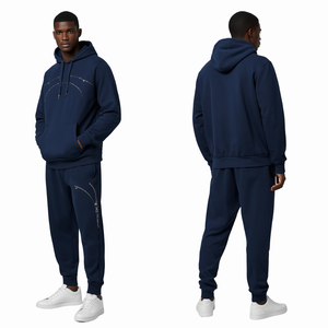 Ensemble de survêtement de luxe bleu marine en coton épais avec strass, sweat à capuche et pantalon de jogging, collection mode cristal - Product Image 2